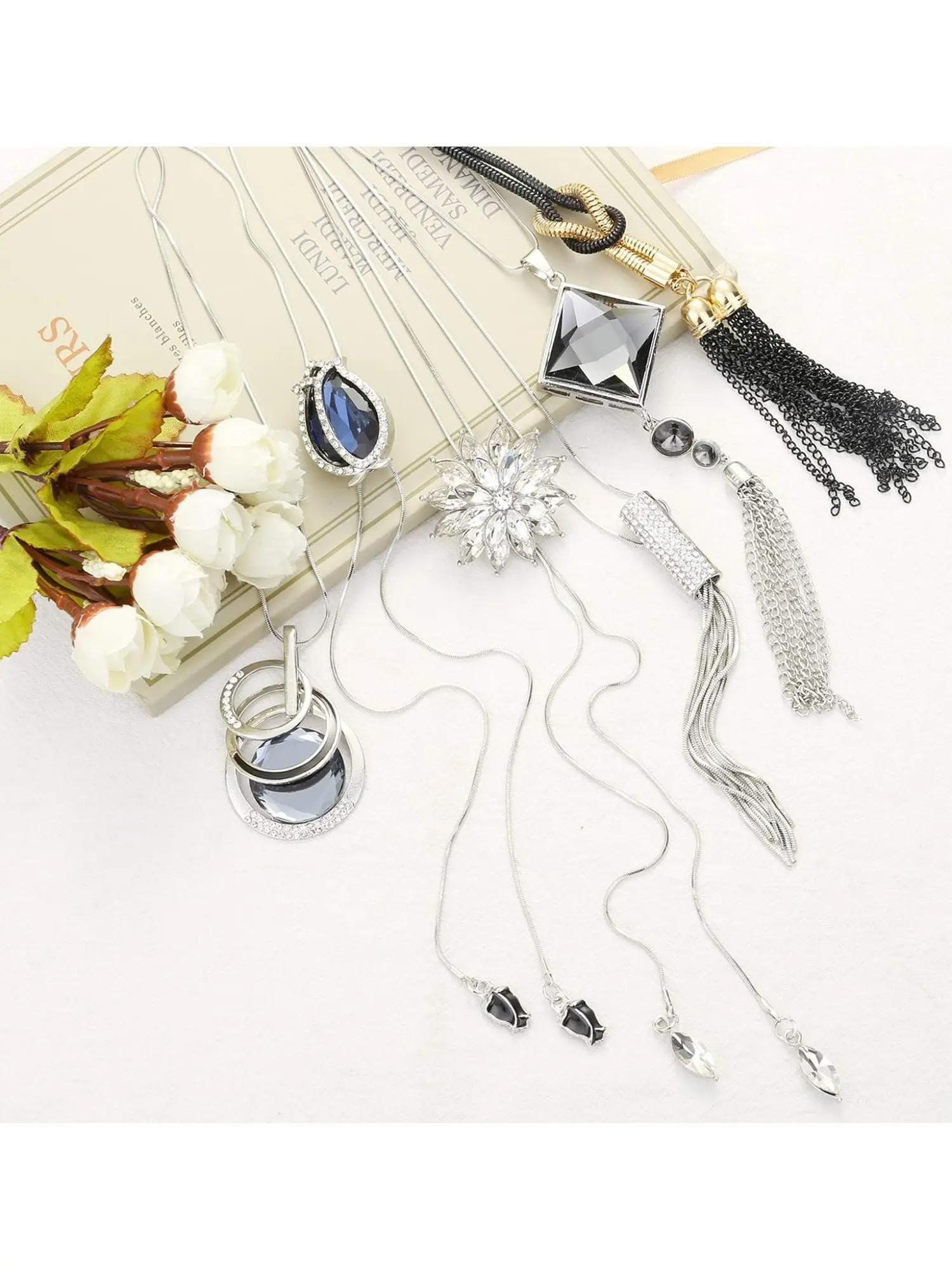 6Pcs Silver Plated Long Sweater Necklace for Women, Sparkly Rhinestone Flower Tassel Pendant Statement Necklaces, Elegant Layering Jewelry Gift for Ladies