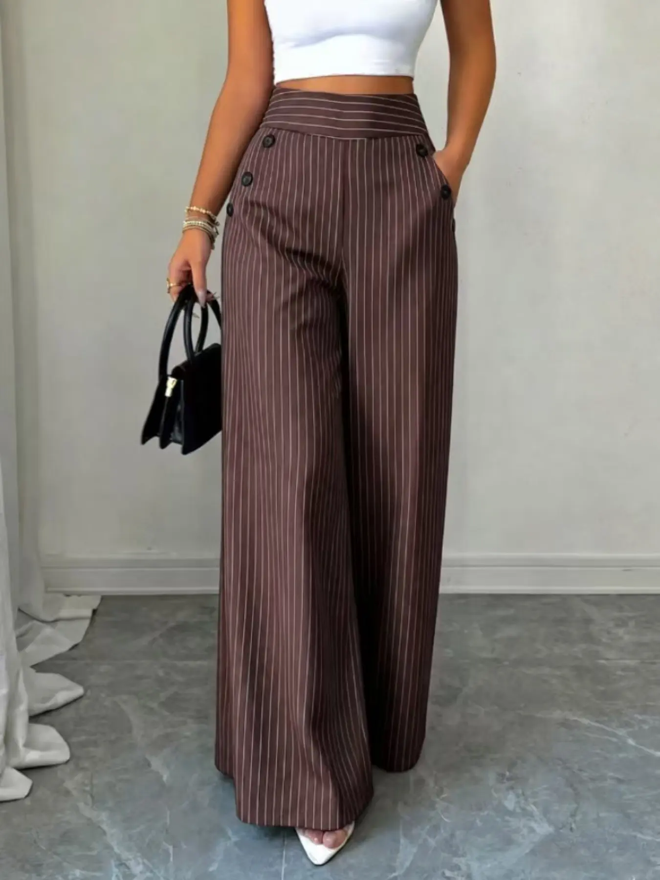 Women's High-Waisted Vertical Stripe Wide Leg Suit Pants, Side Button Design, Flowy Floor-Length Formal Office Wear, Elegant Business Trousers