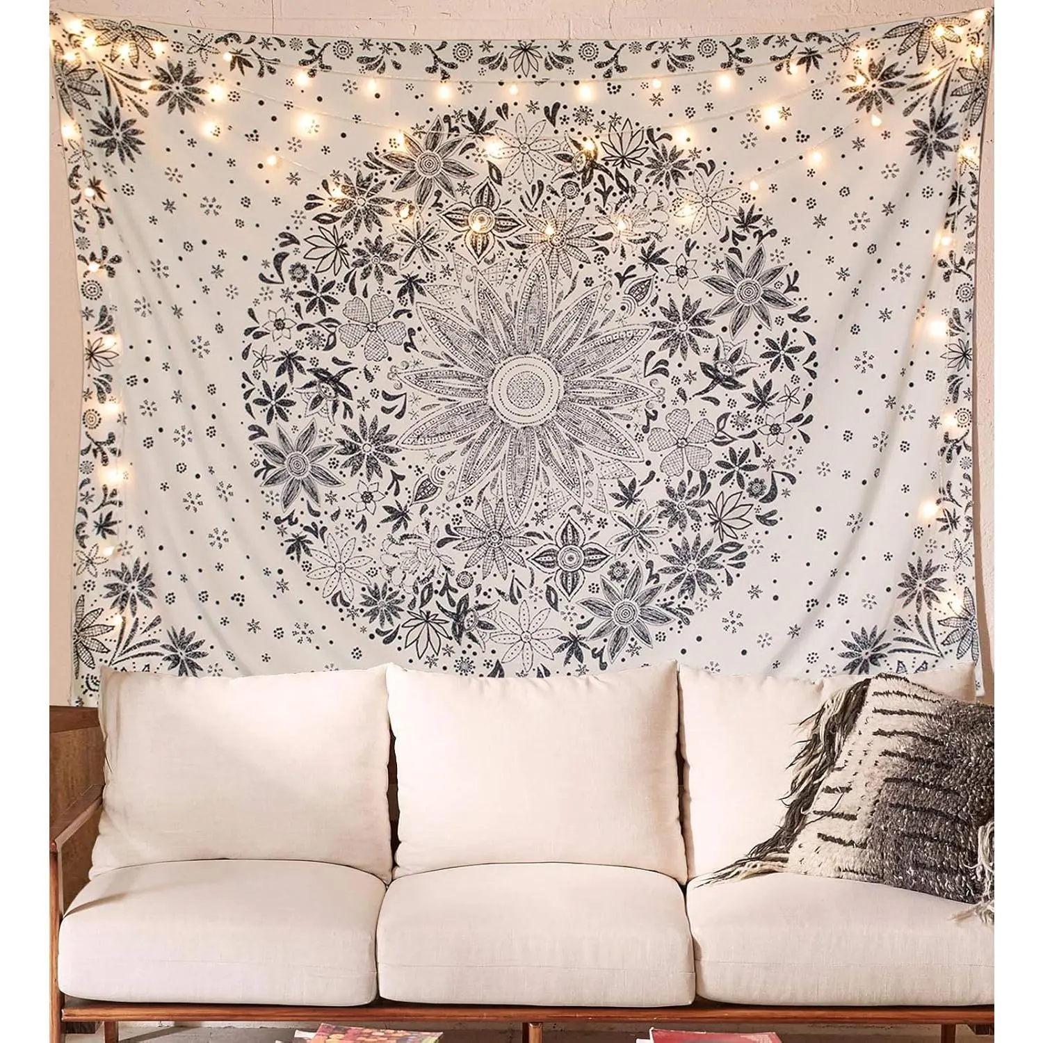 Bohemian Tapestry Wall Hanging Selfie Backdrop, 36x48in Polyester, Beige-White Floral Ethnic Pattern Dotted Daisies Medallion Print, Soft Texture Hangable High Color Fastness Boho Home Decor for Bedroom