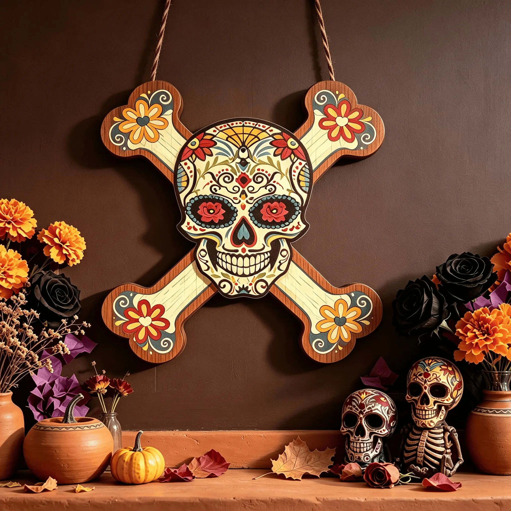 Halloween Day Sugar Skull Wooden Wall Hanging Decoration, Mexican Floral Skull Wall Decor Sign, Home Front Door Wall Art for Halloween