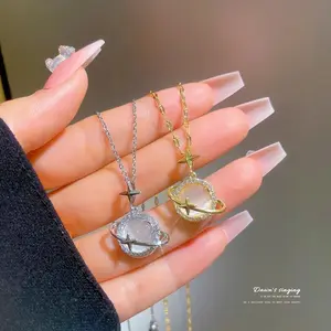 Fashion Gold Color Stainless Steel Crystal Saturn Planet Necklaces for Women Girls Zircon Moonstone Choker Charm Jewelry Gifts