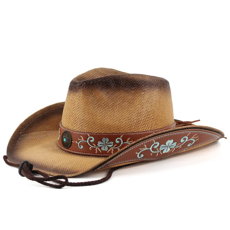 Western Cowboy Hat in Paper Straw with an Embroidered Conical Brim, Unisex Design for Outdoor Wear