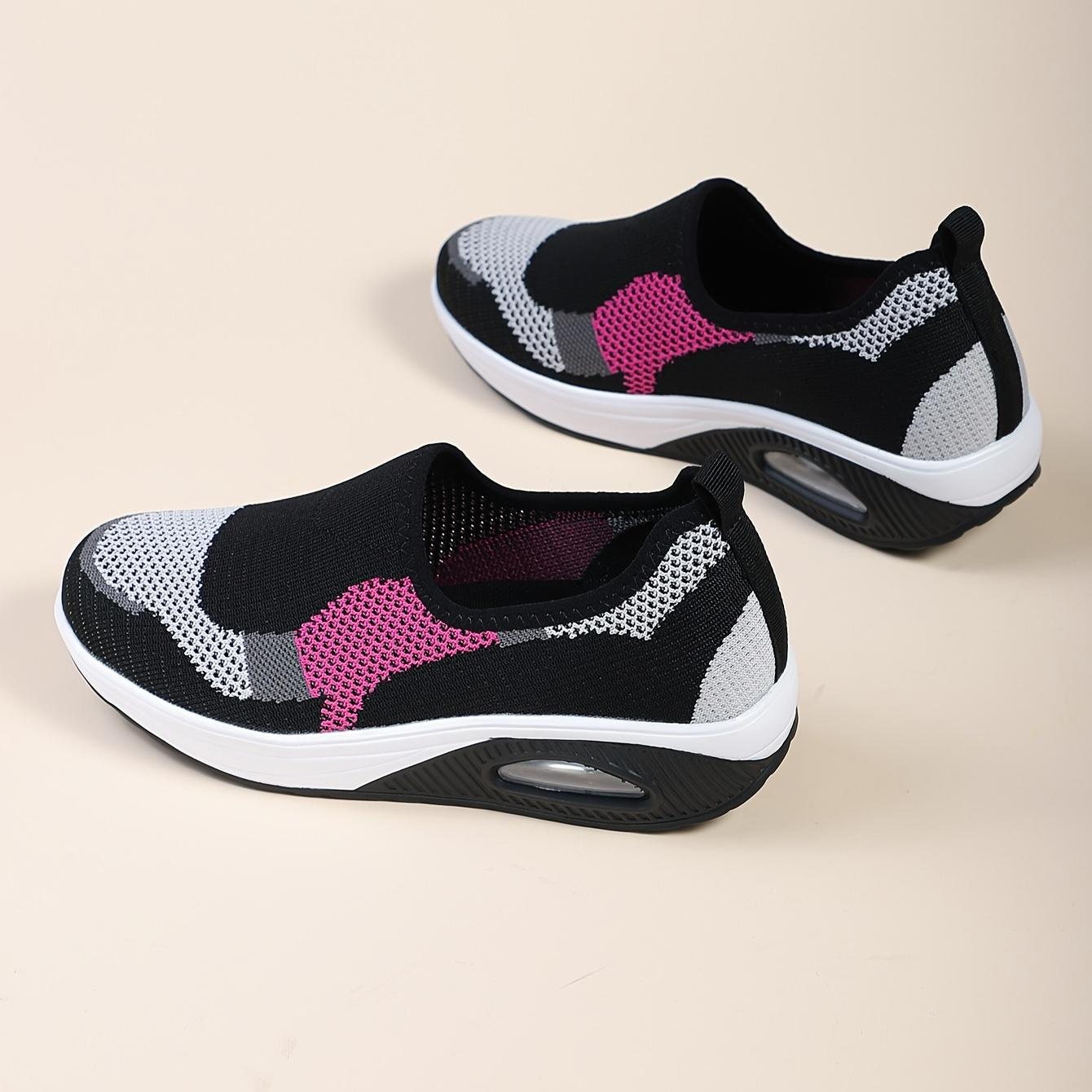 Women's Lightweight Knit Sneakers - Air Cushion, Breathable, Comfortable for All-Season Casual Running (Black/Pink/Gray)