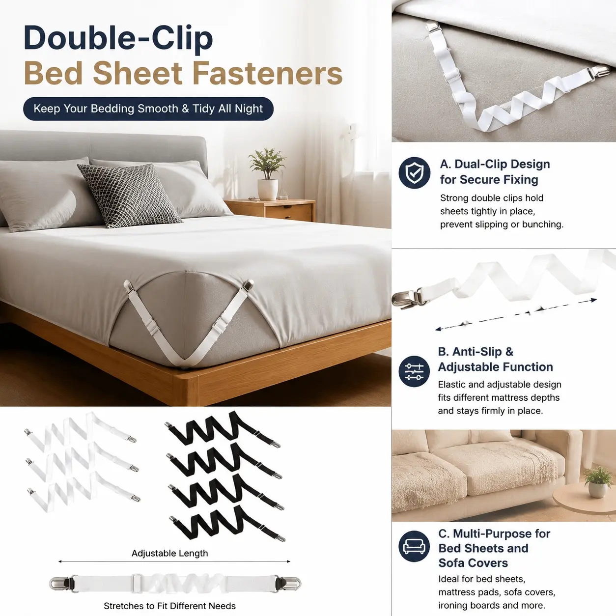 8-Pack Non-Slip Bed Sheet Straps, Adjustable Spring-Locked Clips for Mattress & Sofa Covers, Multi-Scenario Anti-Shift Fasteners for Home Use