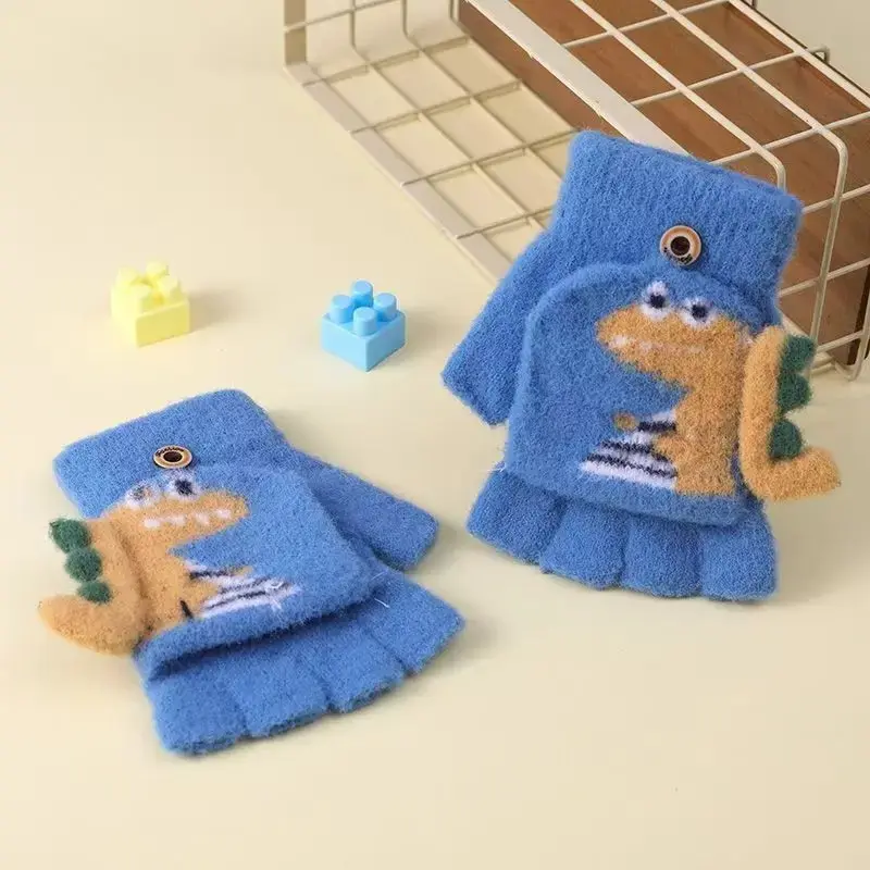 Boys' Dinosaur Pattern Winter Gloves, Nylon Material, Buckle Design, Lightweight & Warm, Perfect for Daily Play & New Year Celebrations