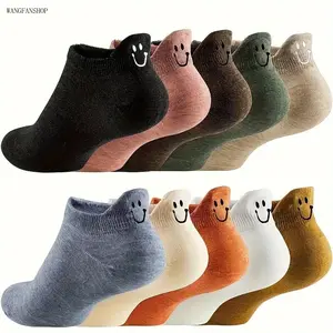Women 10 Pack Cute Smiling Face Low Cut Ankle Socks, Multi Assorted Color Cartoon Pattern Soft Breathable Hosiery, Comfort No Show Casual Socks for Everyday Campus Street Daily Fashion Outfits