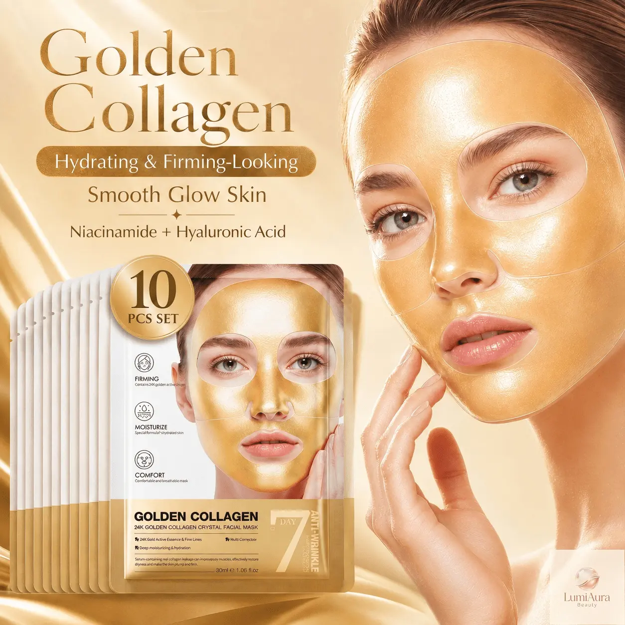 10pcs Golden Collagen Crystal Facial Mask, 24K Gold-Look Hydrating Gel Sheet Mask With Niacinamide & Hyaluronic Acid, Moisturizing Firming-Looking Skin Care Mask For Smooth Glowing Skin