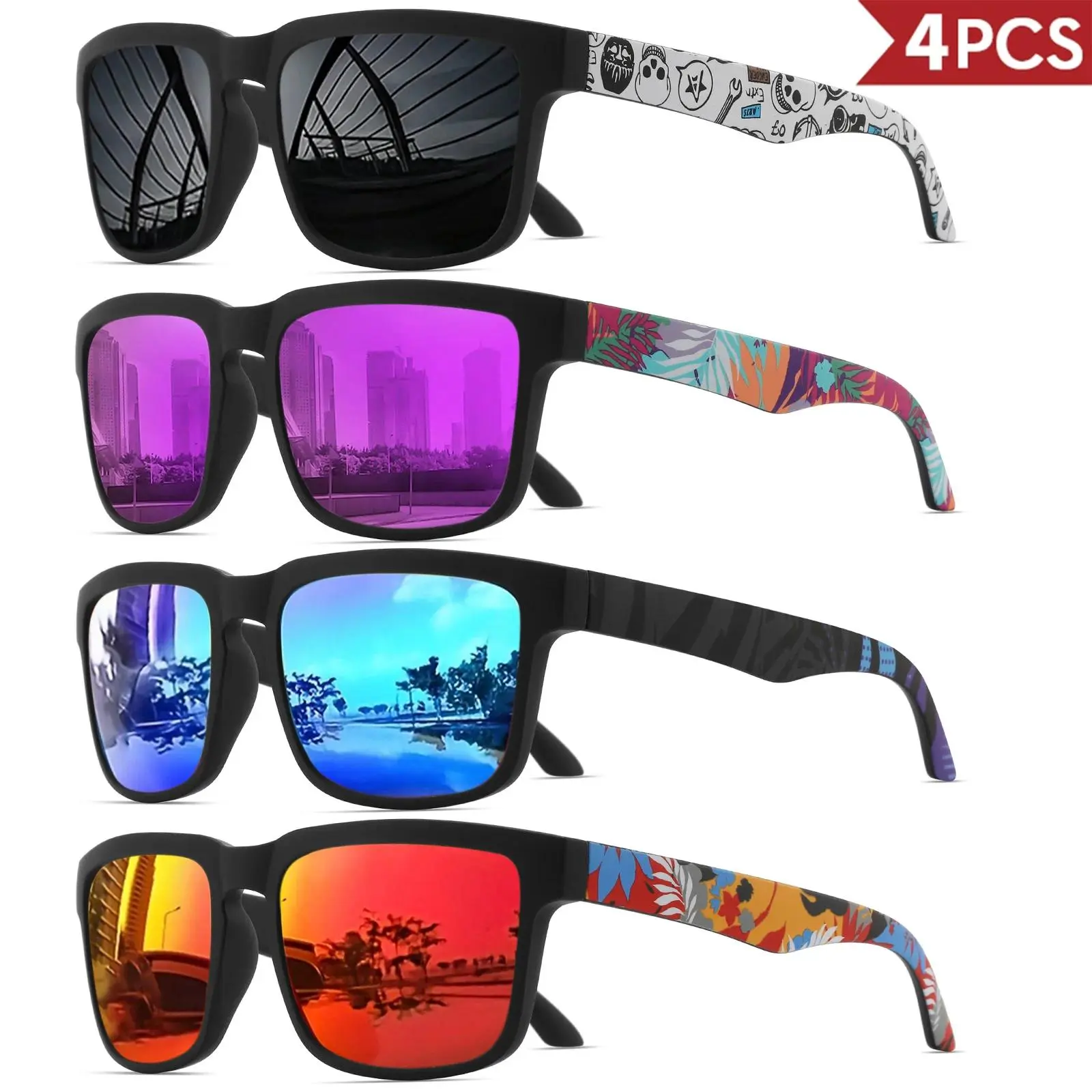 4PCS Square Sports Sunglasses with Designer Temple Pattern - UV400 for Men Women, Beach Vacation