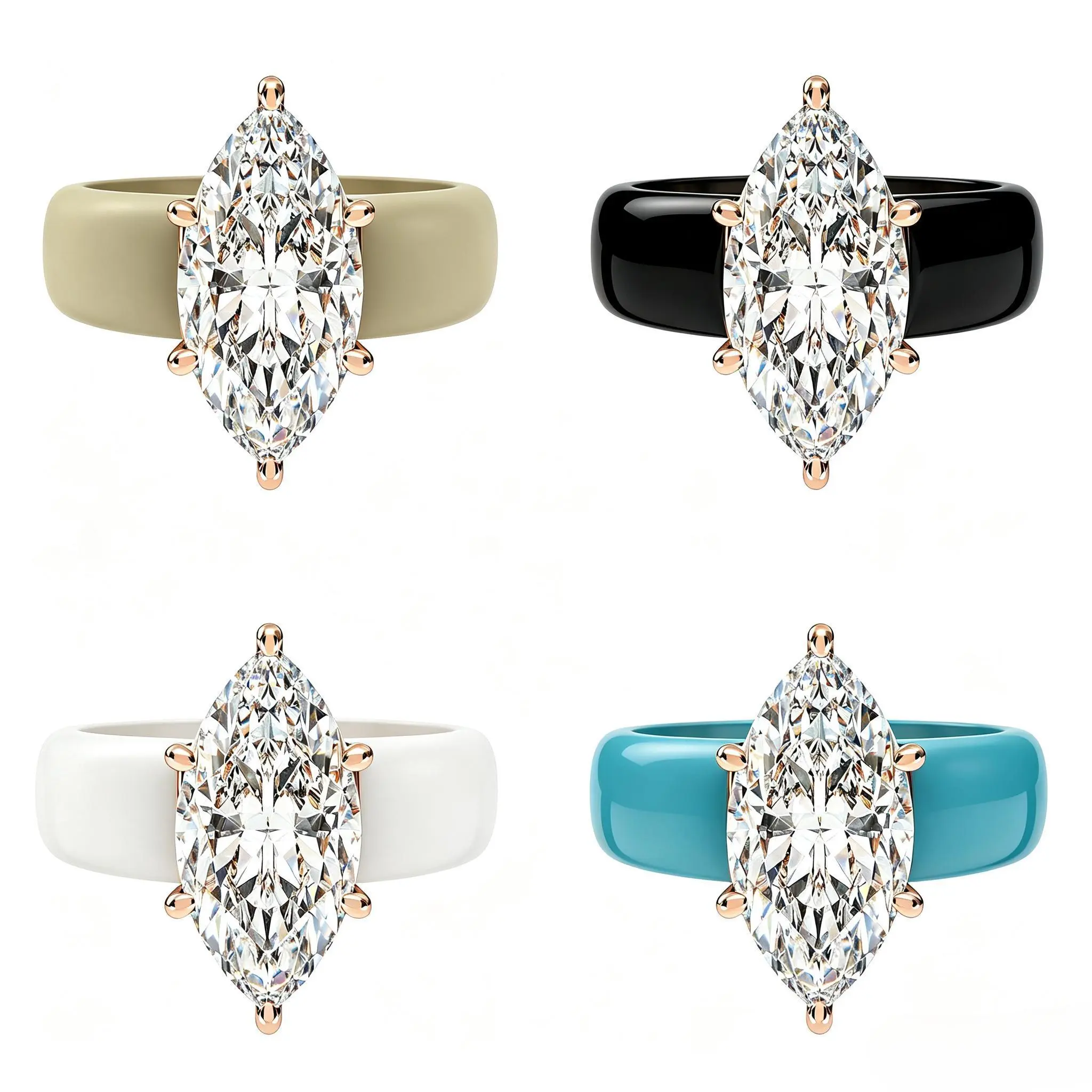 Women's Silicone Ring with Large Marquise Cut CZ Stone,Rose Gold Prong Setting, Comfortable Sport WeddingBand, Anti-allergy Jewel