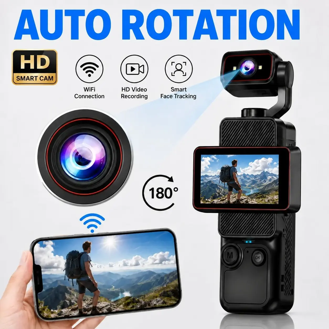 Portable HD Gimbal Camera, Pocket Vlog Camera with Auto Rotating Lens, Smooth Stabilized Video, WiFi Connection, 6X Zoom and Type-C Charging for Travel, Camping and Content Creation, Digital Cam