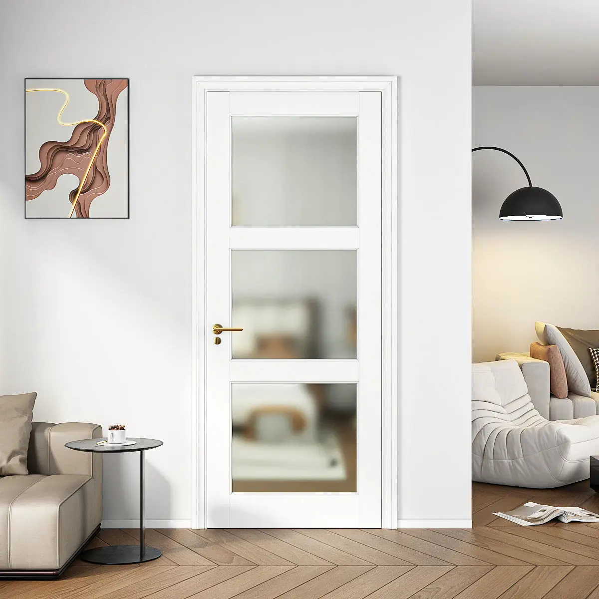 32" X 80"3-Lite French Interior Tempered Frosted Glass Door Slab for Pantry Doors, French & Pocket Doors, Solid Core Interior Door w/o Hardware Kit & Frame