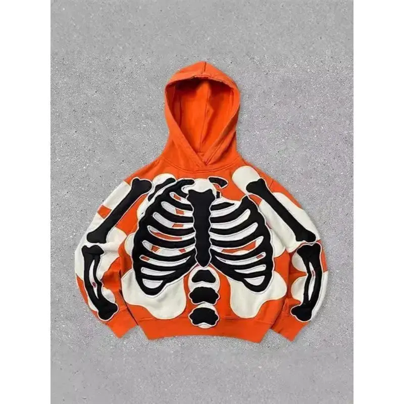 2025 New Men's Fashion Orange Skull 3D Printed Hoodie Casual Loose Long Sleeve Polyester Fabric Tropical Menswear Tops Sports Streetwear Sweatshirts Pullover