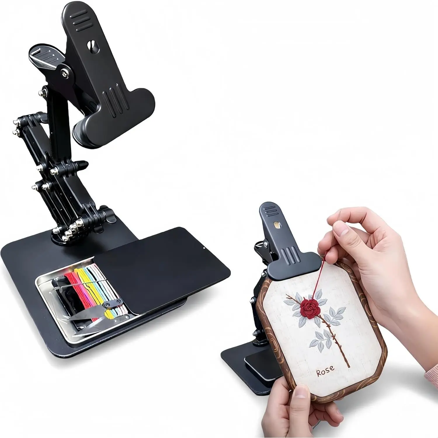 Embroidery Hoop Holder Stand for Cross Stitch - Adjustable Lap & Table Stand with Weighted Metal Base & Storage Organizer - Hands Free Foldable Embroidery Stand for Floor, Sitting & Tabletop.