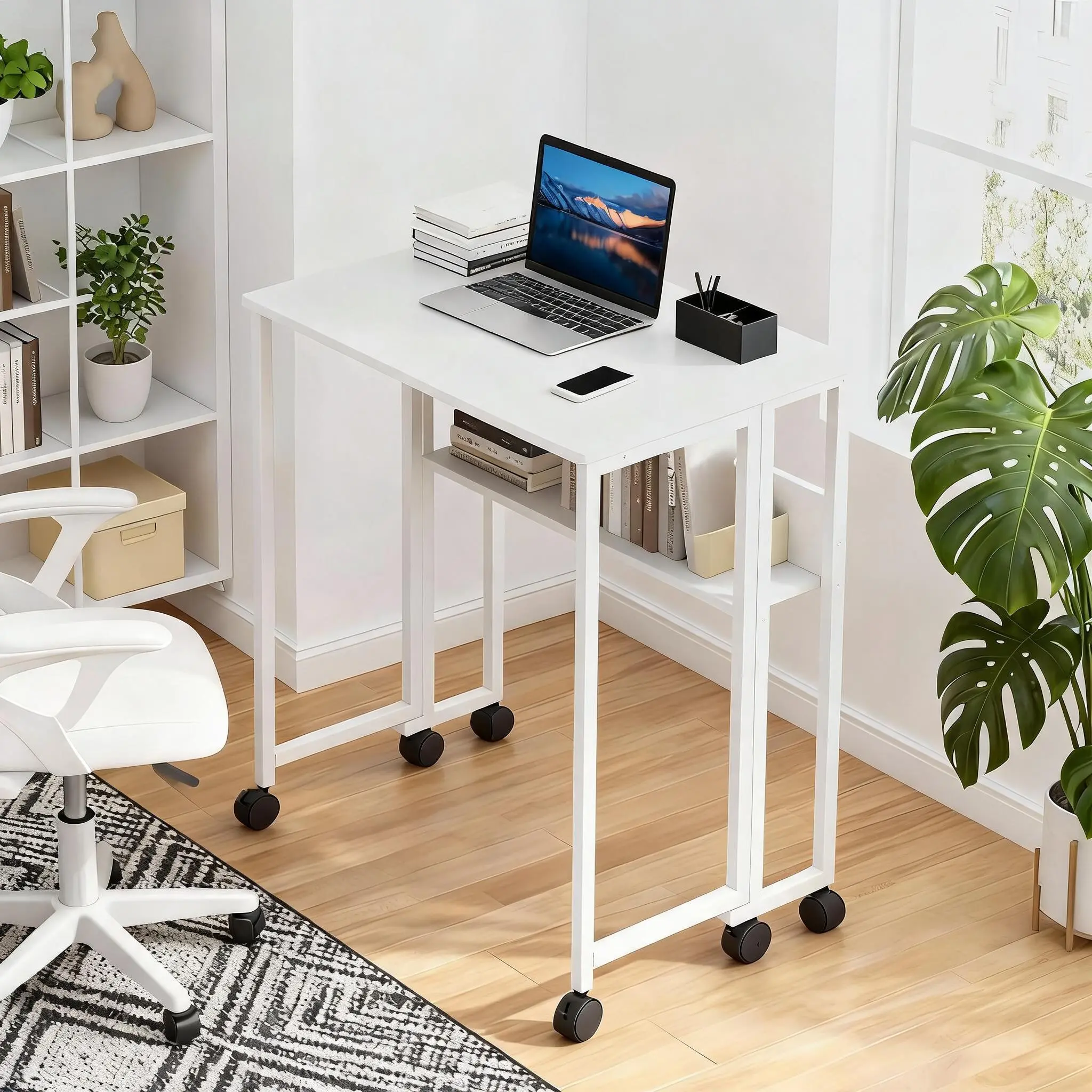 【Fall Sale】Garvee Space‑Saving Folding Desk With Storage Shelf, Slim Compact Rolling Computer Table Designed For Small Spaces, Home Office, Gaming And Study To Support Daily Desktop Work, Entertainment And Personal Learning Activities