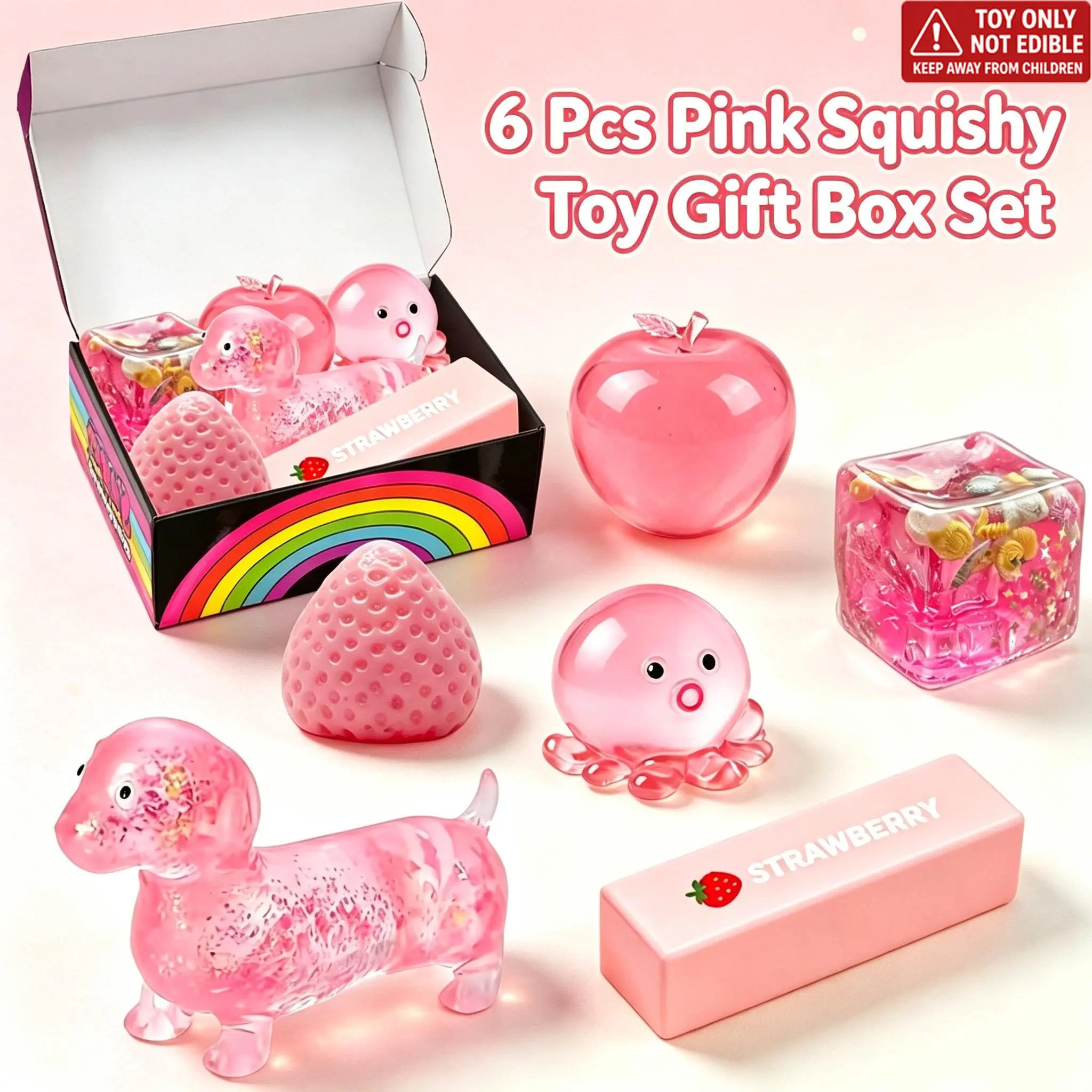 6 Pcs Cute Pink Squishy Toy Gift Box Set, Transparent Glitter Fidget Squeeze Toys, Animal & Fruit Shaped Stress Balls, Sensory Anxiety Relief Toys for Kids, Surprise Gift Box & Stocking Stuffers for Boys and Girls