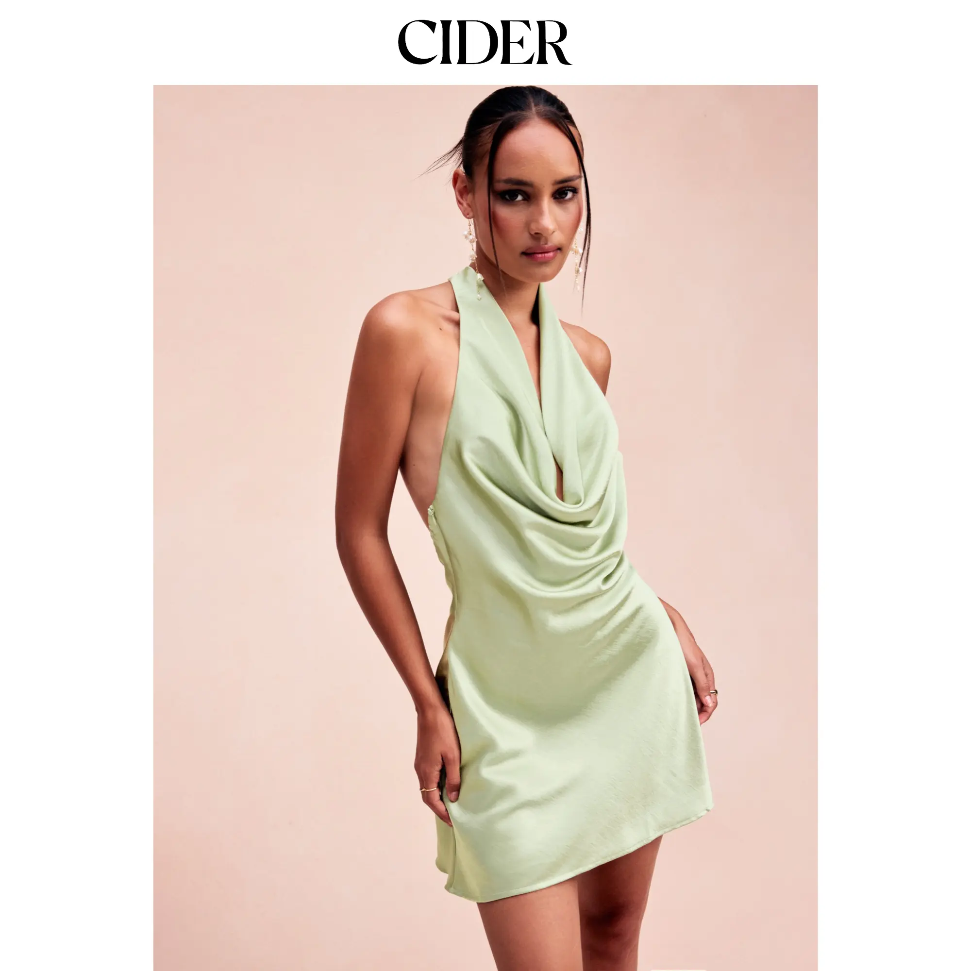 Cider Sage Satin Halter Neck Ruched Mini Dress SohoChic