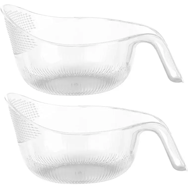 2 Pack Rice Washer, Rice Rinser Strainer w/Handle, BPA-Free (Clear)| Handled rice washer strainer bowl with fine holes for rinsing and draining rice, grains, fruit and vegetables