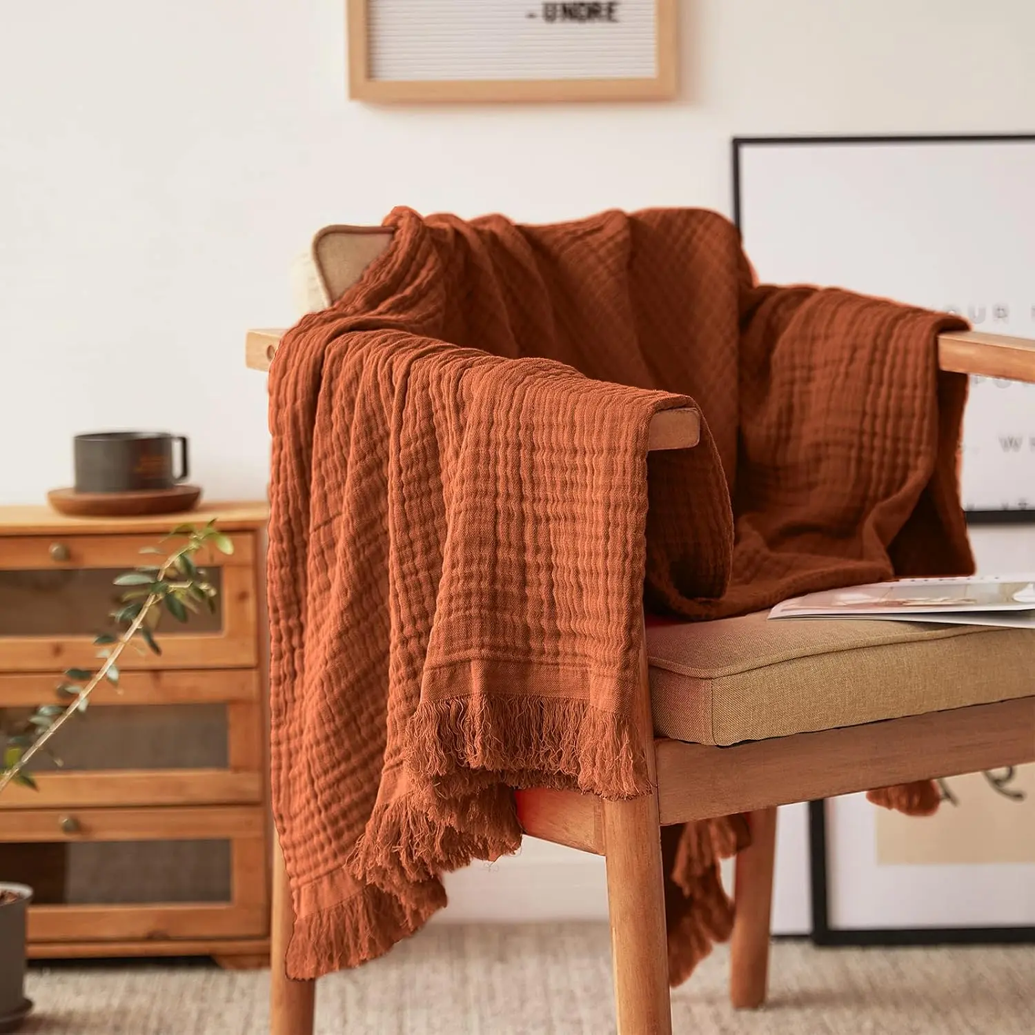 Muslin Throw Blanket for Bed, Couch, Knit Woven Gauze Blanket with Tassels, Soft Lightweight Cozy Pre-Washed Breathable  Decoration for - (Rust Orange)