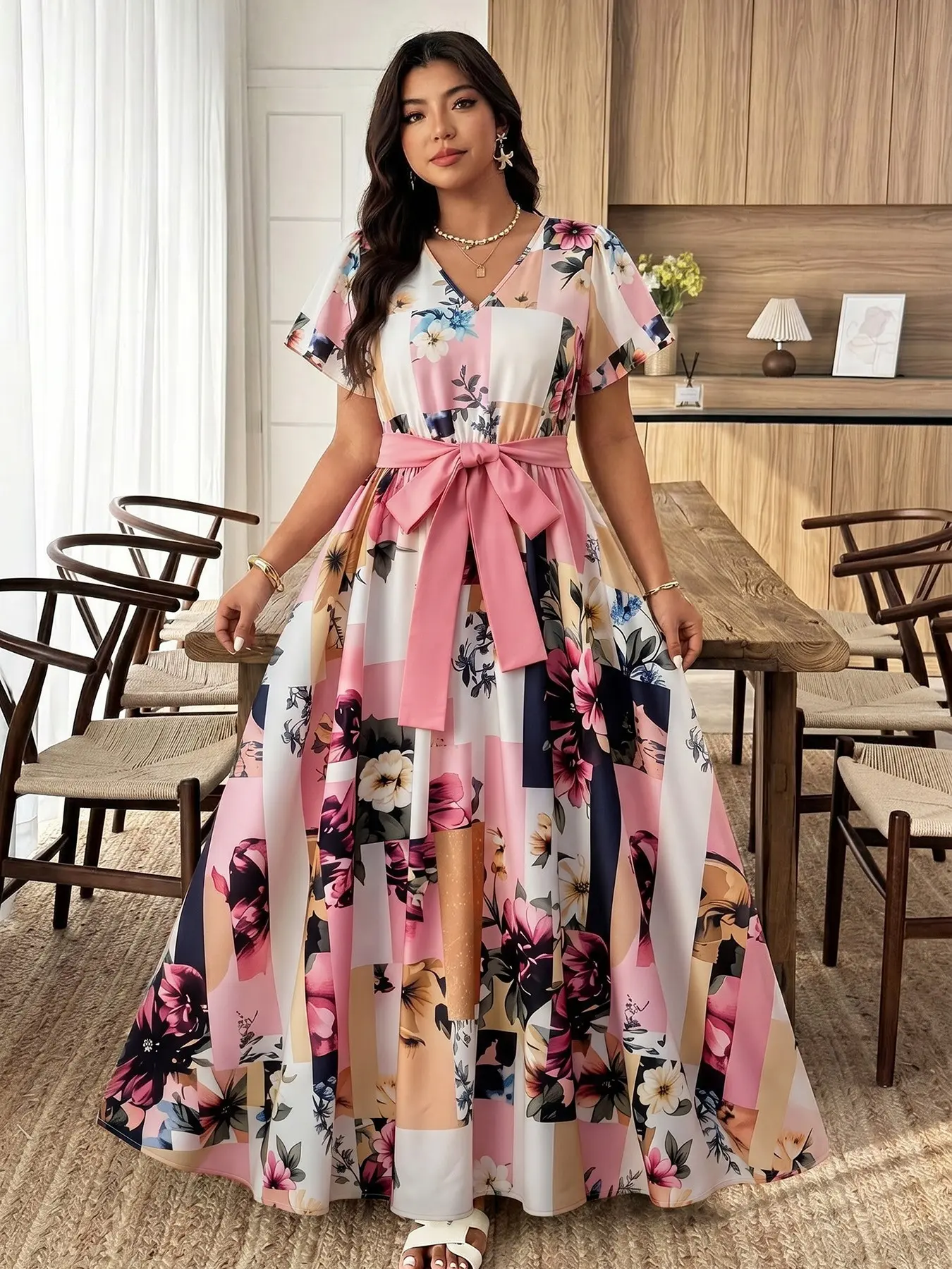 Plus Size Women's V Neck Floral Short Sleeve A-Line Dress, Waist Cinch Design, Summer Formal Dress, Formal Elegance, Perfect for Parties, Dates, Shopping, Weddings, Evening Gowns, Evening Party Gown