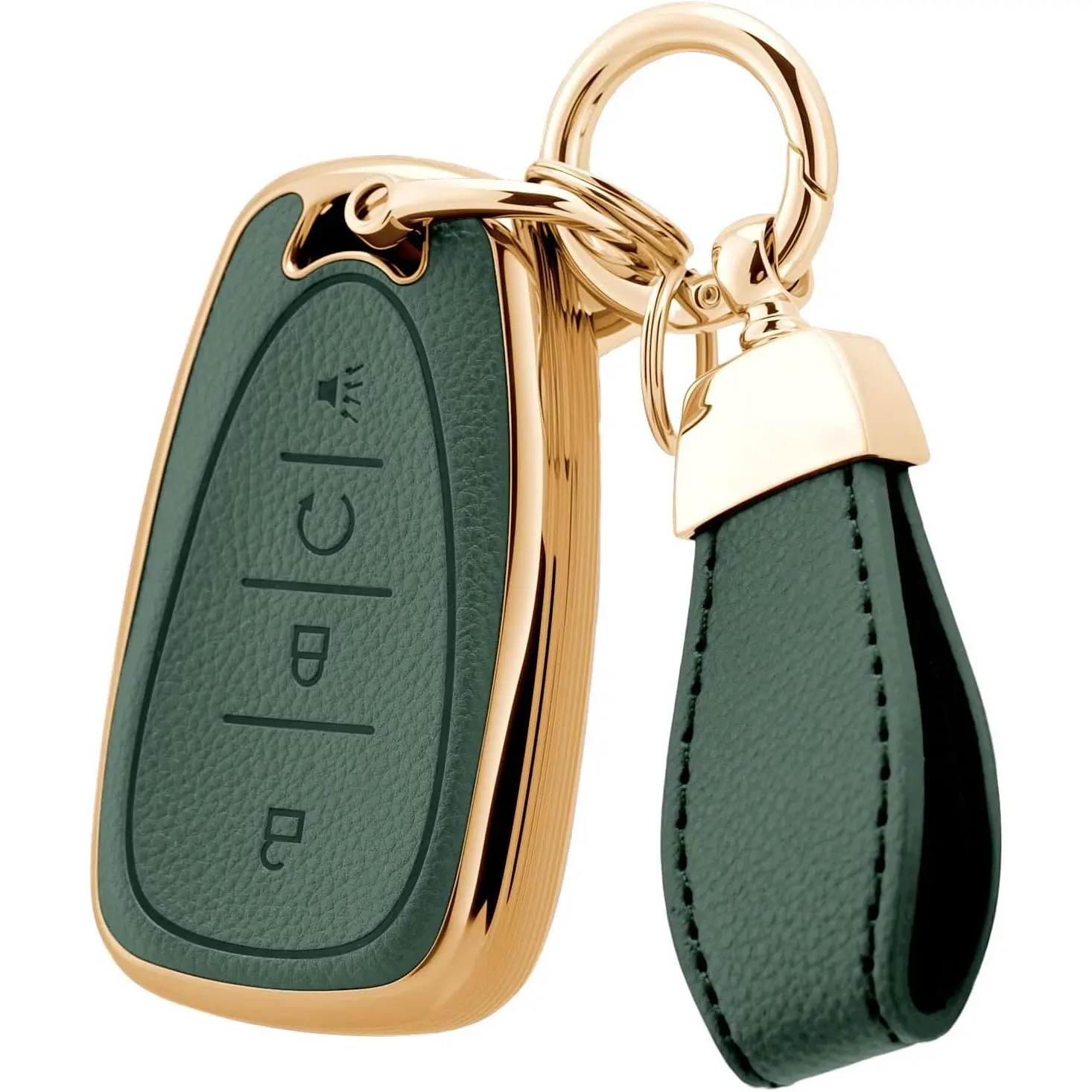 Soft Upper Leather TPU Key Fob Cover Case for Chevy Bolt Equinox Trax Sonic Volt 2017-2025 Accessories with Keychain (Gold-edged green, 4 Buttons)