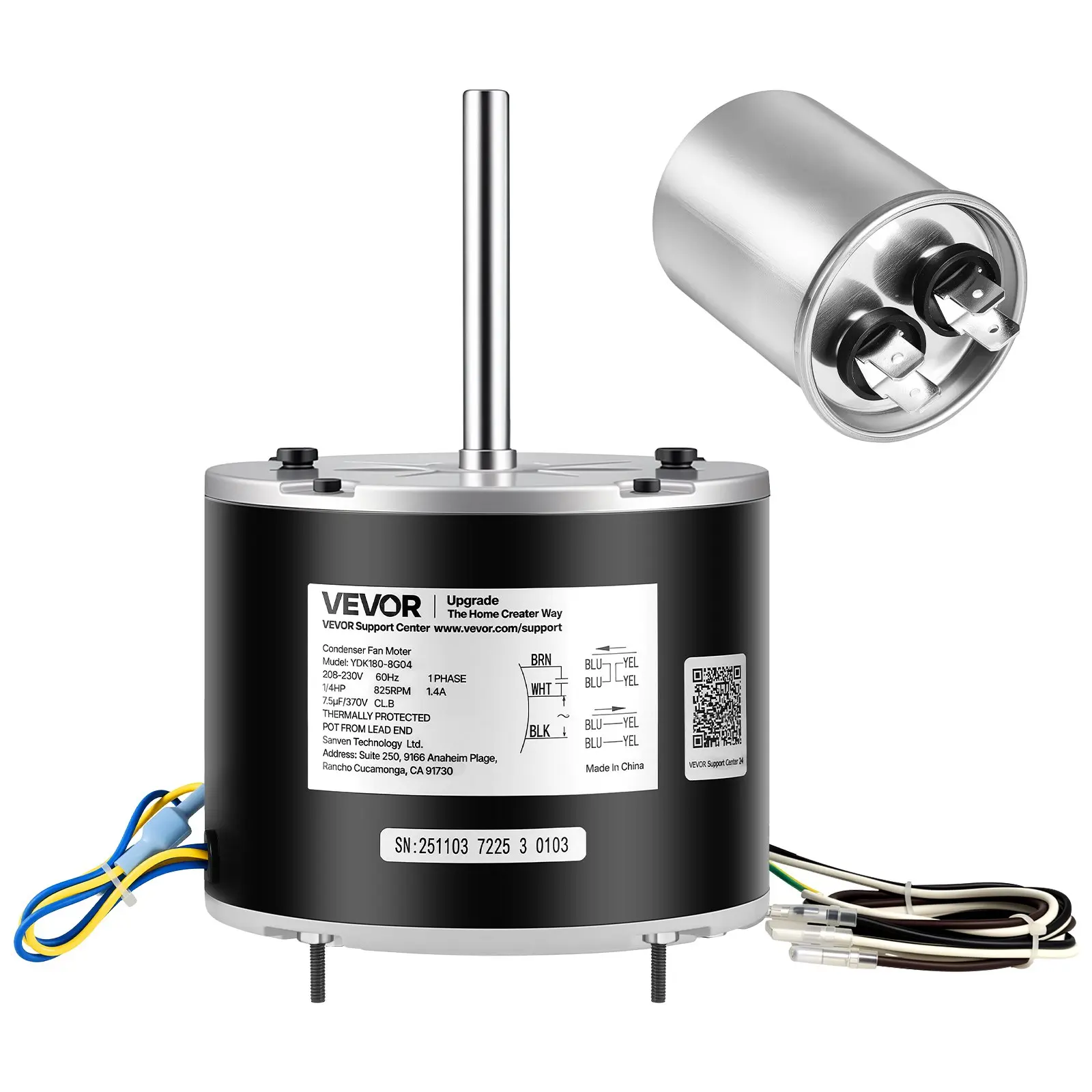 VEVOR Condenser Fan Motor with Capacitor, 1/4HP 825RPM 208-230V, Compatible with GE Genteq 5KCP39LFBE31S 5KCP39LFY534AS, Lennox 12Y65 (92W75), Carrier HC39GE242 HB39GQ232, Amana Janitrol 0131M00014PS
