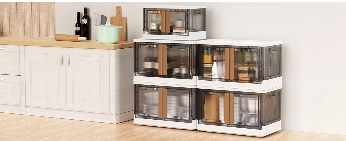 300QT Plastic Storage Bins With Lids, 75Gal Stackable Boxes With Wheels and Doors, Folding Closet Organizers, Cabinet for Closet Home Dorm, 3 Pack Brown