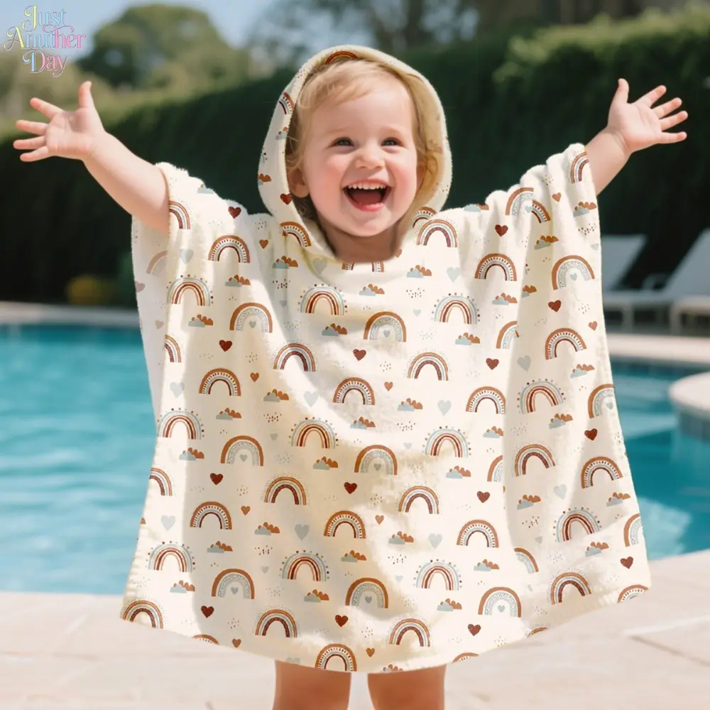 Kids Hooded Towel Poncho, Cute Rainbow Print Wearable Bath Robe, Soft Absorbent Cotton Cover-Up for Toddlers, Perfect for Swimming & Beach