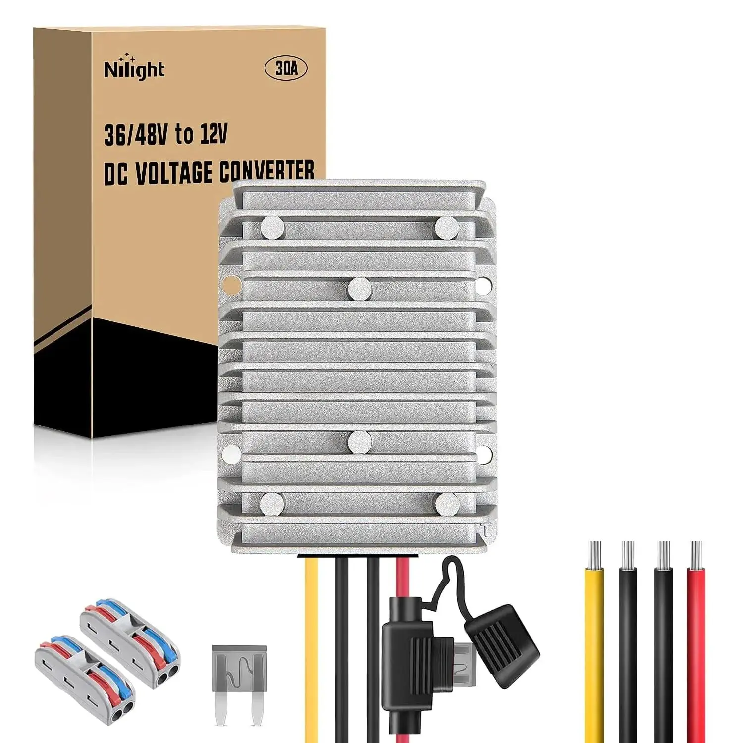 Nilight 360W 36V/48V to 12V 30A Step-Down DC-DC Voltage Converter with 25A Fuse*1, Secure Easy-Install High-Efficiency Aluminum Shell, for Automotive Trucks, LED Lights