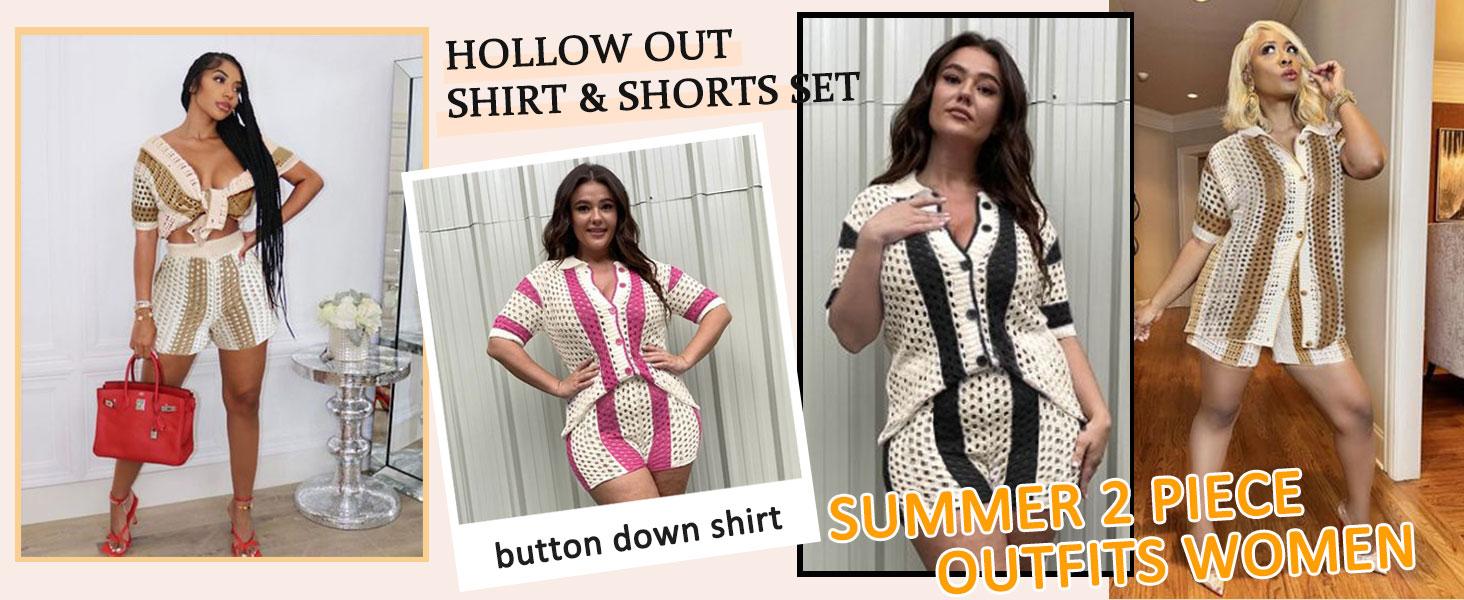 Short Sets Women 2 Piece Outfits Knit Color Block Short Sleeve Button Down Shirt and Shorts Set Color-Block Openwork Summer Vacation Style Two-Piece Set Hawaiian short-sleeved set