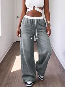 Trendy Ladies Elastic Waist Drawstring Wide Leg Denim Pants Retro Faded Gray Loose Oversized Baggy Jeans Casual Street