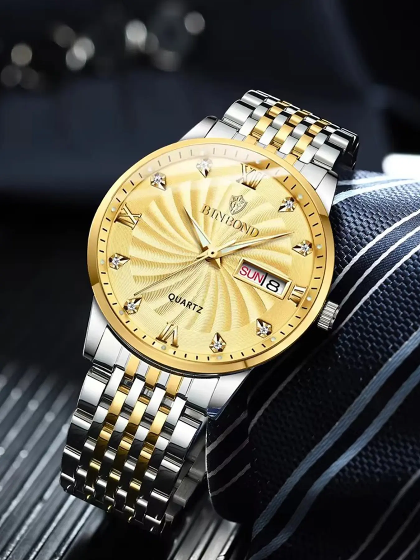 Binbond Men's Quartz Watch, Luxurious Night Glow, Waterproof, Accurate, Automatic Date and Day Display, Casual Robust Watch
