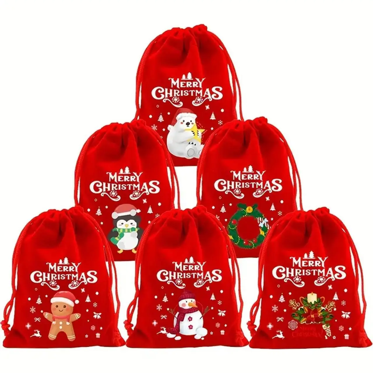6/12pcs Christmas Velvet Drawstring Gift Bag Set, premium velvet bags with drawstring closure design for storing candies, jewelry and small party gifts, festive packaging bags for Christmas gifts, holiday celebrations and party favors
