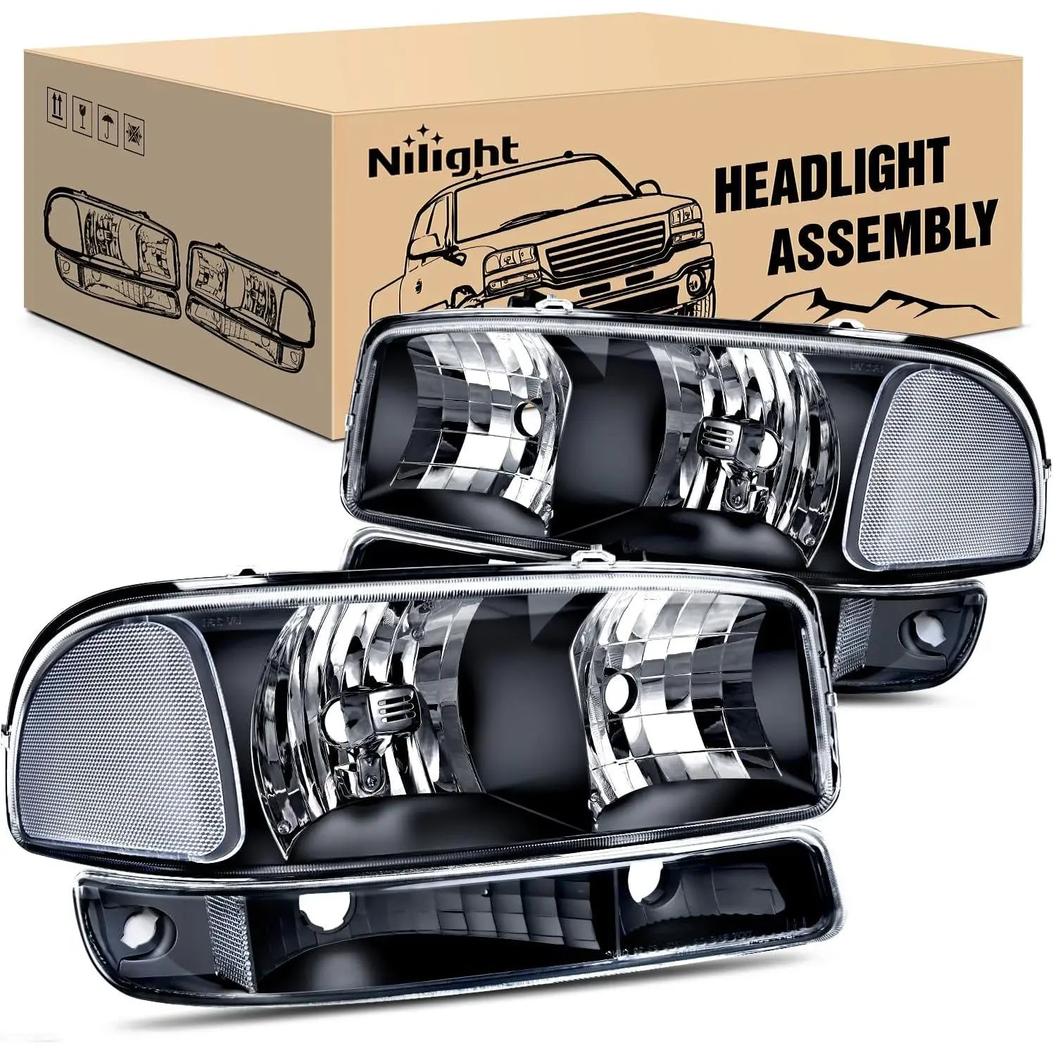 Nilight Headlight Assembly Compatible for 1999 2000 2001 2002 2003 2004 2005 2006 GMC Sierra Yukon, Black Housing Clear Corner Clear Lens, Headlights Assembly Replacement