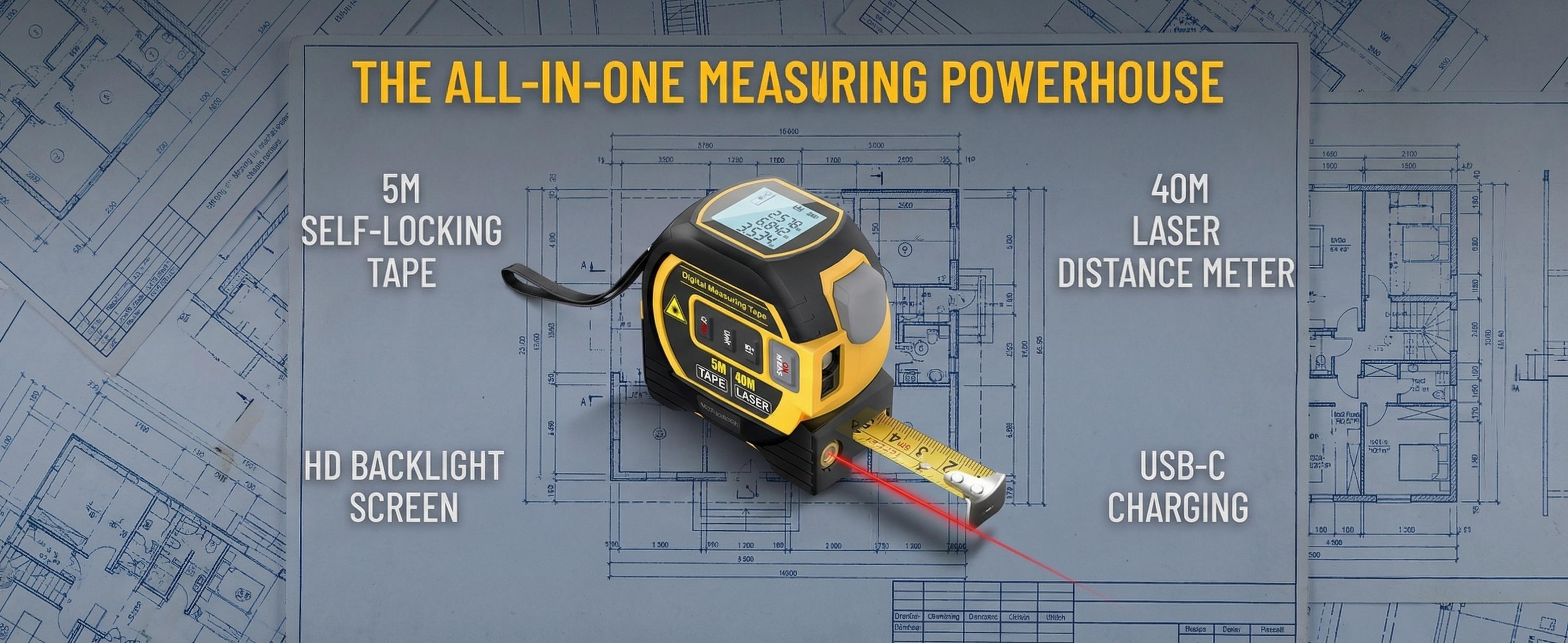 2-in-1 Laser Measuring Tool| 5m Self-Locking Tape + 40/50/60m Laser Distance Meter with LCD Display for Construction & Layout