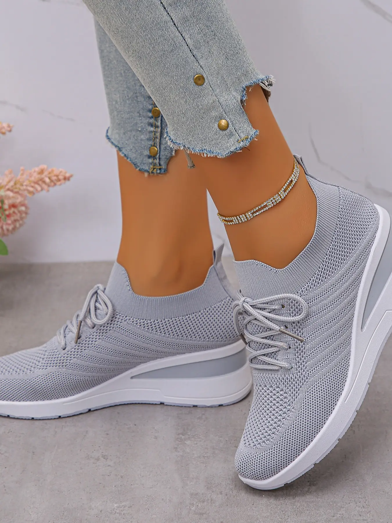 Women's Hollow Out Flyknit Wedge Shoes, Invisible Shock Absorption Thick Sole, Comfortable Fit, Breathable, Slimming Design, Casual Footwear