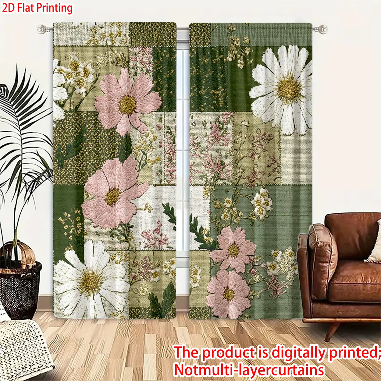 2 pieces, 2D flat print, polyester material, floral patchwork pattern printed curtains, light-filtering curtains, suitable for bedroom, living room, and other multi-scene decorations, rod pocket design, suitable for rod insertion cortinas inganchos