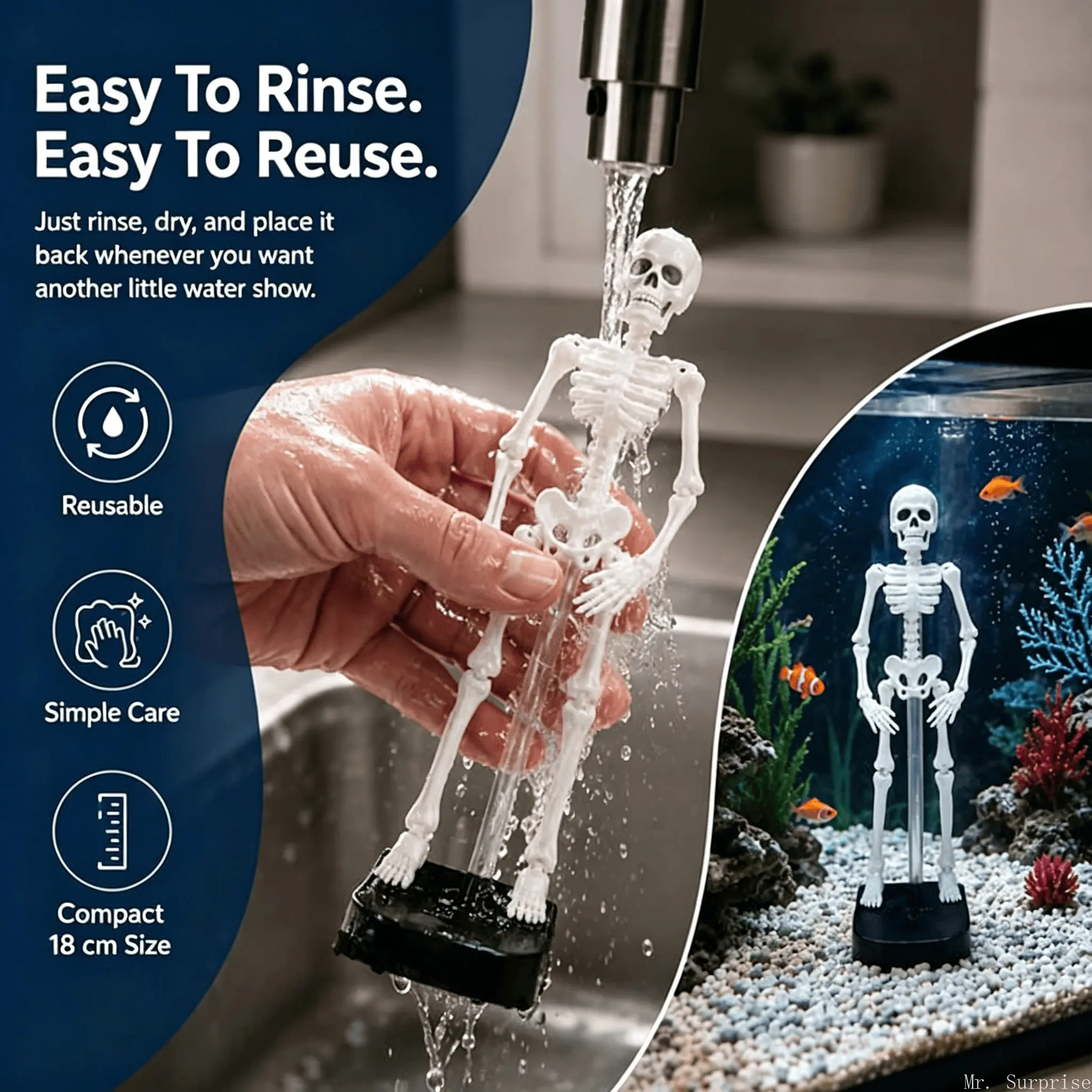Floating‑Style Skeleton Aquarium Ornament, Decor Resin Fish Tank Ornament with Transparent Support Rod, Unique Underwater Landscape Decoration for Fish Tank