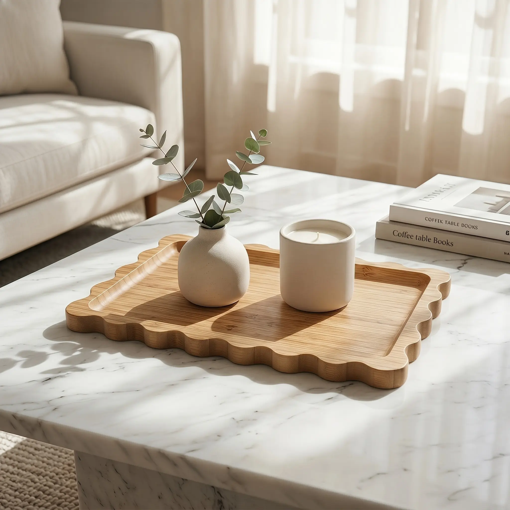 1pc，Bohemian Style Round Tray with Wavy Edges, Handmade Bamboo Storage Tray, Multi-Functional Decorative Tray for Home, Living Room, Hotel
