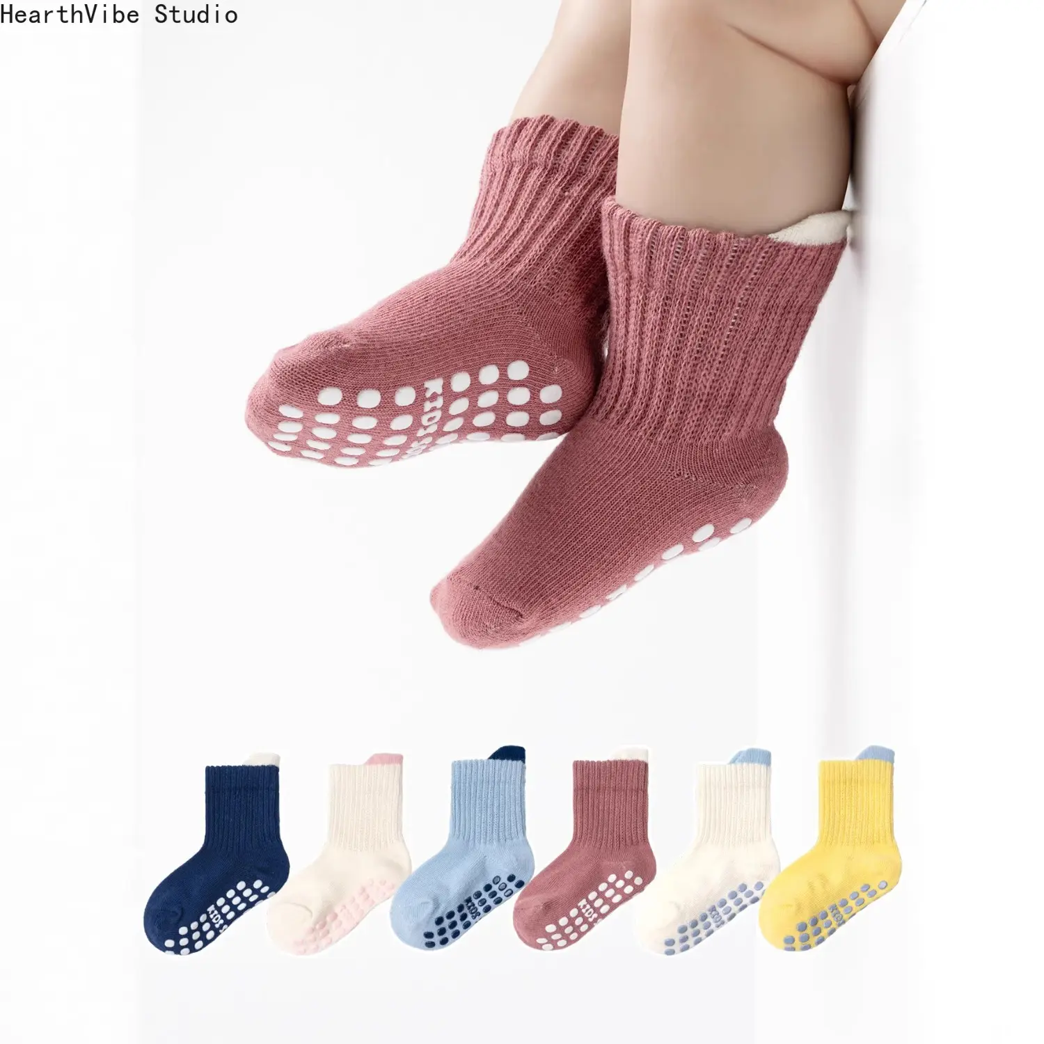 6 Pairs Non-Slip Socks with Grips Thick Terry Lined Infant Toddler Floor Socks Thermal Heavyweight Winter Slipper Socks Bulk Pack