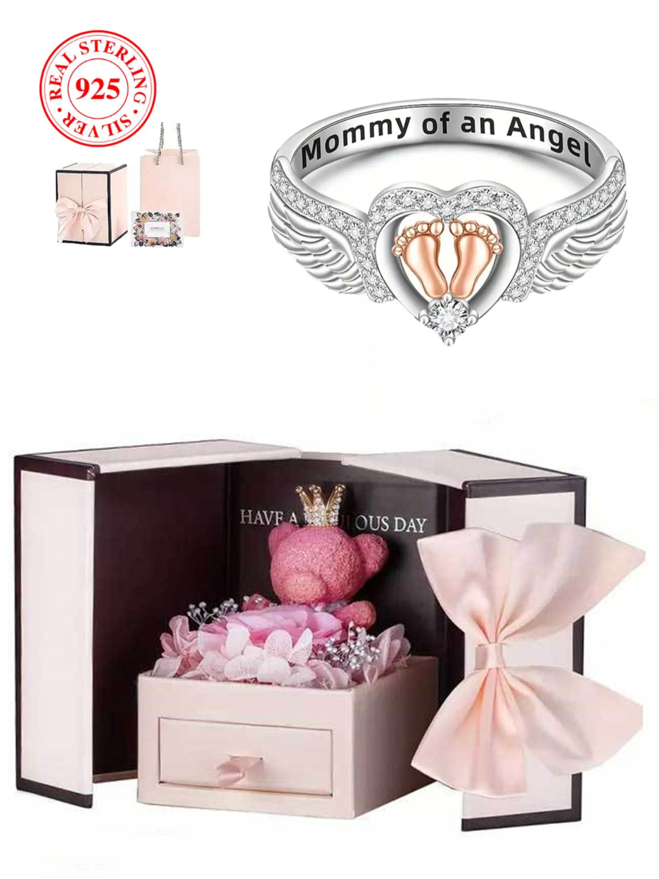 925 Sterling Silver Angel Wing Design Ring, Artificial Zircon Ring, Heart & Footprint Decorative Ring for Women, Fashion Jewelry Accessories for Daily Wear, Trendy All-match & Exquisite Jewelry for Birthday Gift, Dainty Ring