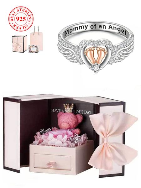 925 Sterling Silver Angel Wing Design Ring, Artificial Zircon Ring, Heart & Footprint Decorative Ring for Women, Fashion Jewelry Accessories for Daily Wear, Trendy All-match & Exquisite Jewelry for Birthday Gift, Dainty Ring