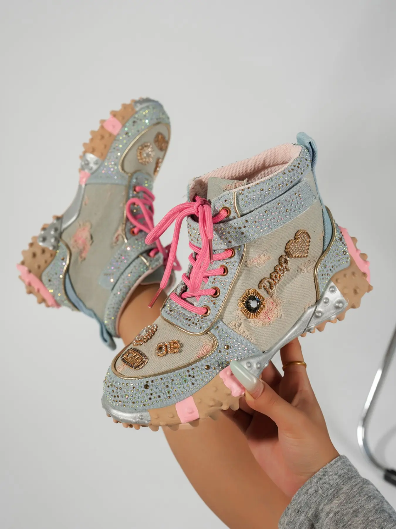 Trendy Light Blue Vintage Denim High-Top Work Boots, Heart Rhinestone Decor, Anti-Slip Thick Sole, Casual Streetwear Women's Shoes