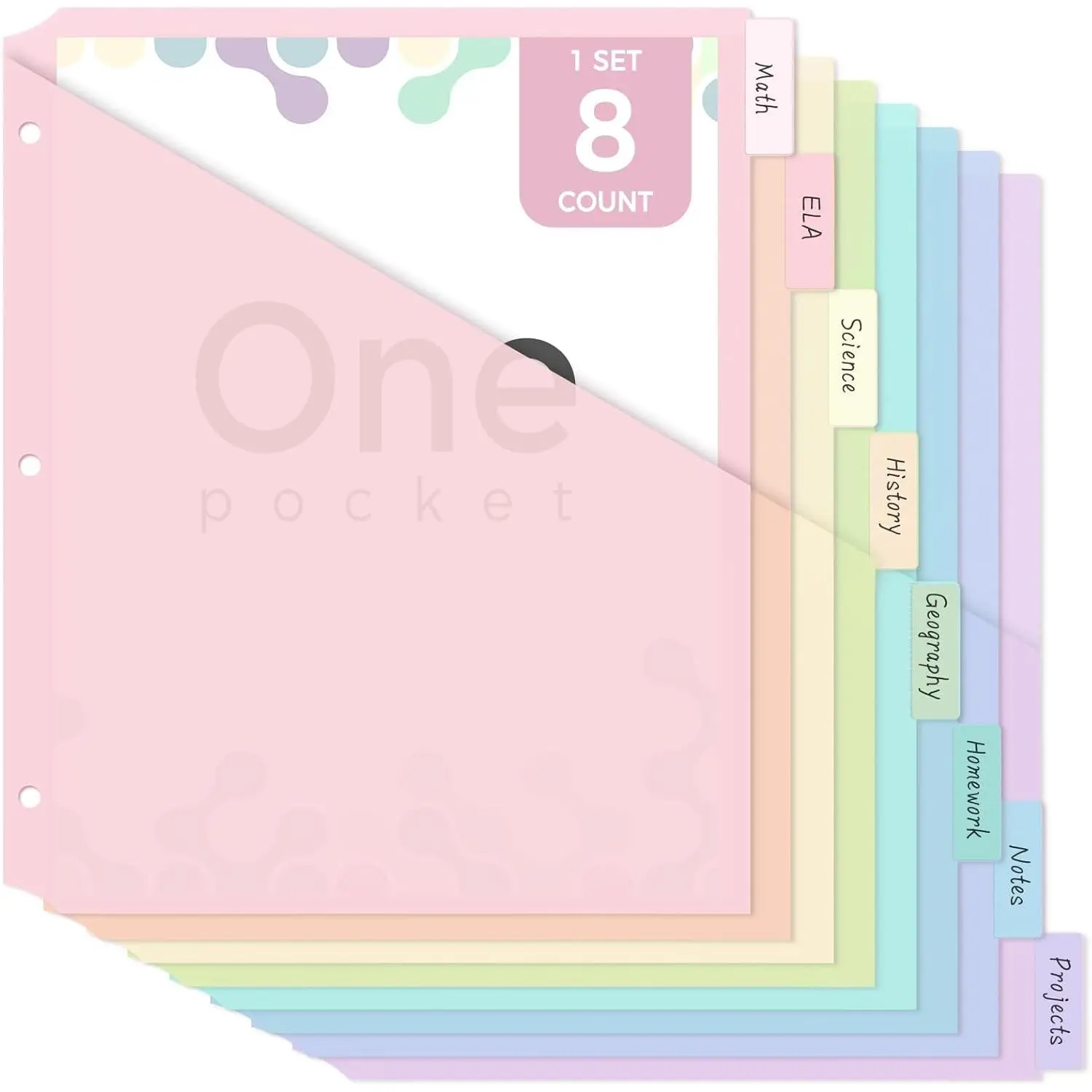 Binder Dividers with Tab, Pastel Dividers for 3 Ring Binder with Pockets – 8-Tab Durable Plastic Binder Dividers, Single Pocket File Organizers with Matching Label Stickers, Boho