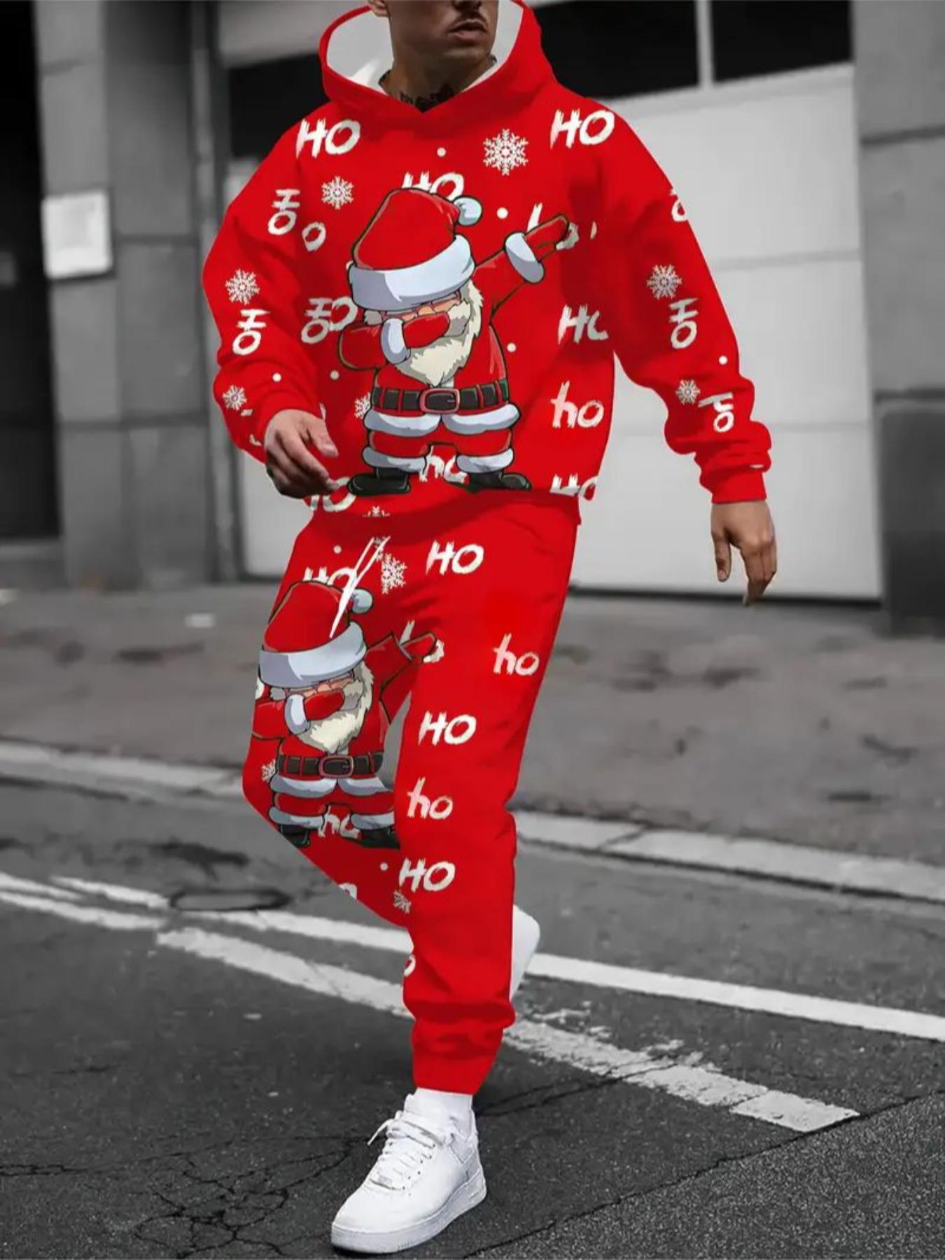 Men's Christmas Print Hoodie Set, Casual Long Sleeve Fitted Design, Drawstring Pocket Pants, Perfect Gift for Fall & Winter