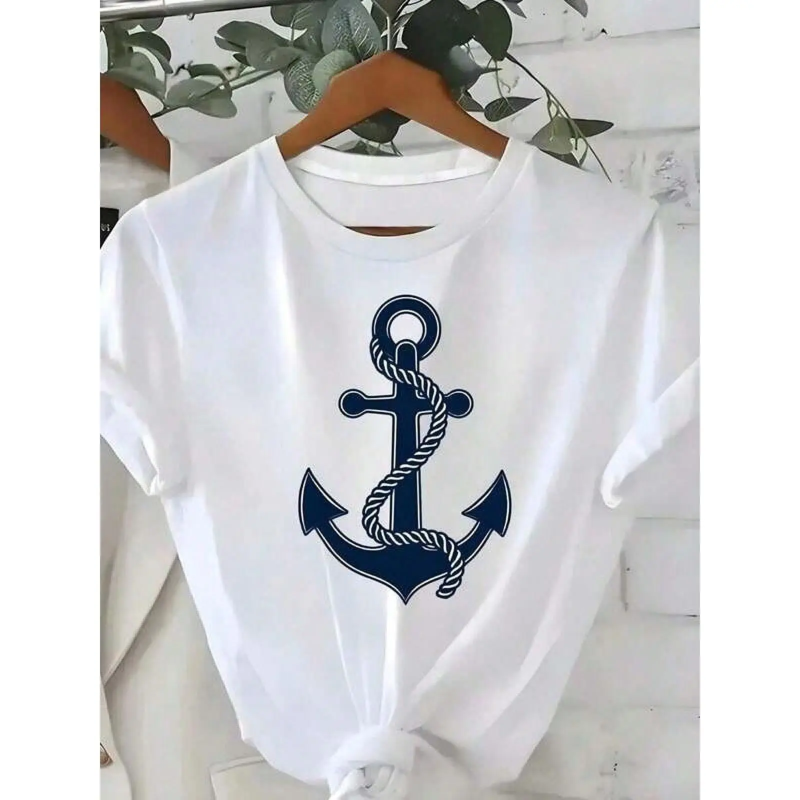 Women's Nautical Anchor Graphic Pullover Short-Sleeve Top - White & Navy Maritime Lady Piece, Soft Breathable Lightweight Fabric, Knot Detail, for Beach, Boating, Sailor Gifts, Cruise Apparel, Print, Round Neck, Cotton