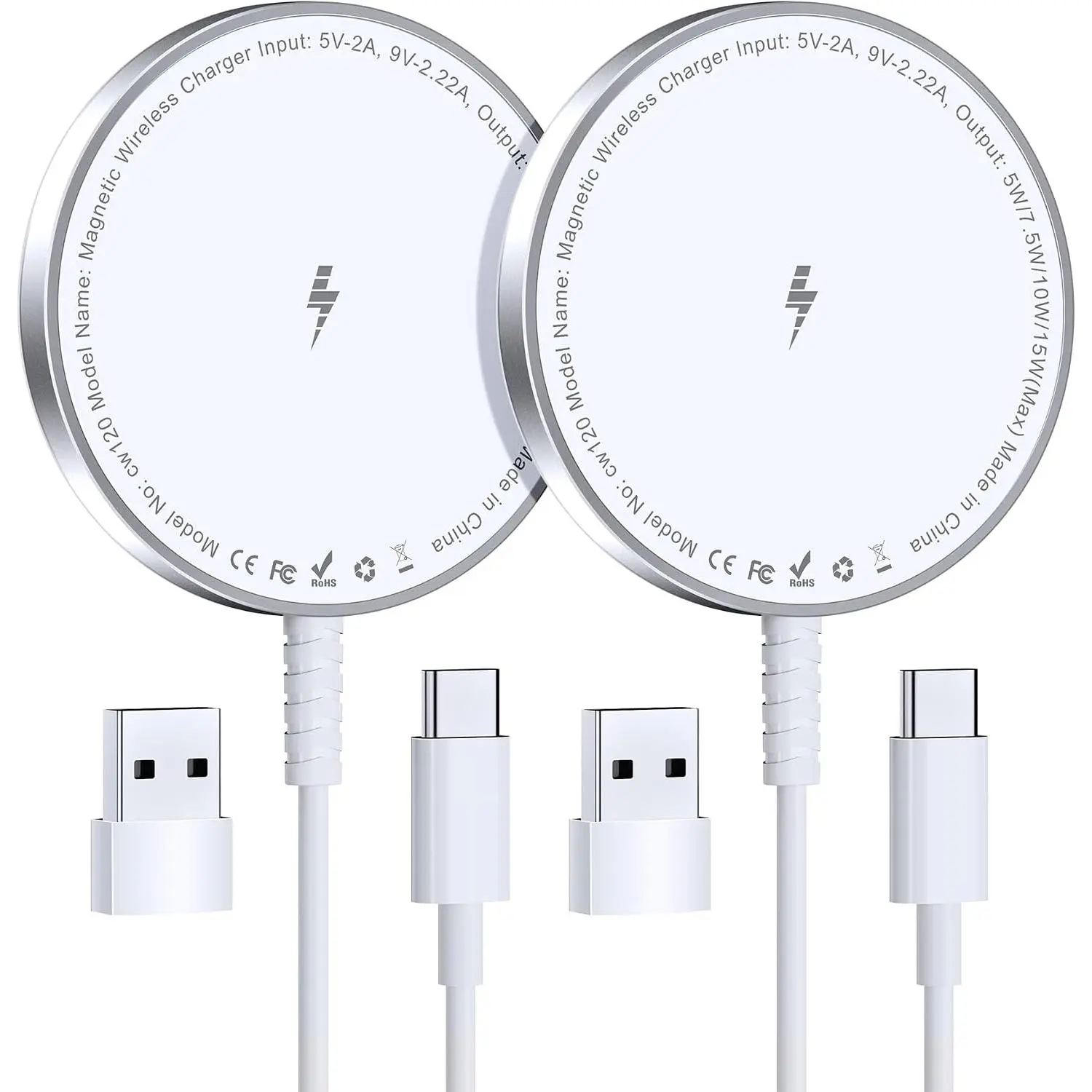 White MagSafe Charger 2-Pack for Mobile Devices, 17-12 Pad & AirPods, with USB-C to A Adapter & Alloy Connection, Ultra-Thin Portable Car Electronic Accessory for Office & Travel
