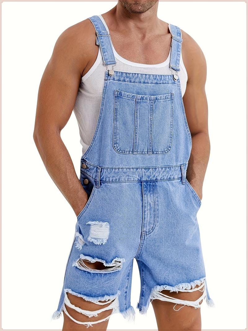 Runcati Men's denim shorts bib overall jean romper, offering a casual loose fit with buttoned pockets, perfect for summer wear as a comfortable and stylish jumpsuit.