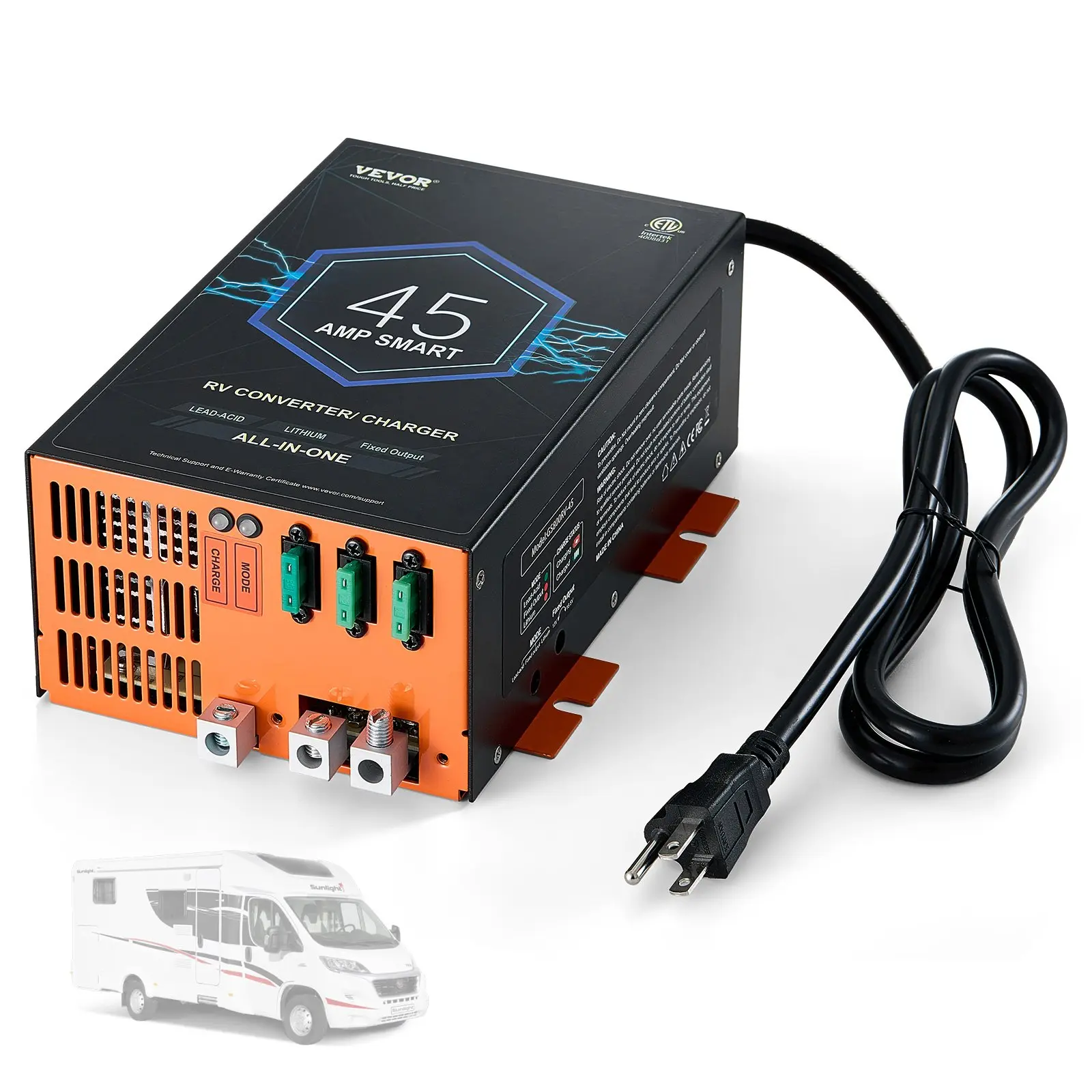 VEVOR 45A RV Power Converter Battery Charger, 110V/120V AC to 12V DC, 4-Stage Smart Charging, 13.0-16.5V Adjustable Operating Range, 30Ah-50Ah Compatible, for Lithium/Lead Acid Batteries, ETL Listed, Advanced Protection, Backup Fuse, Ideal for Road Trips,