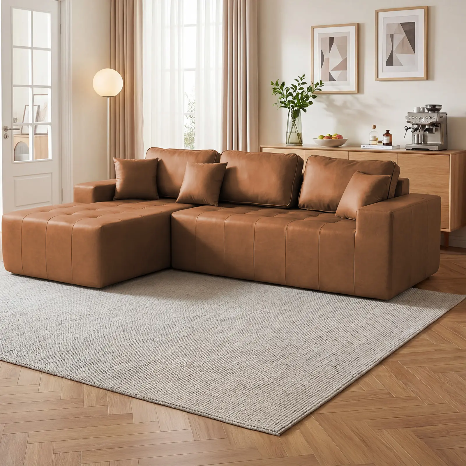 ARCH Faux Leather L-Shaped Corner Chaise Sectional Sofa Couch with High-Density Sponge, No-Assembly Convertible Sofa Bed for Living Room Apartment Guest Room, Light Brown 4-Seat, Light Brown Color Options, Faux Leather Material, 4 Seat Seat Count