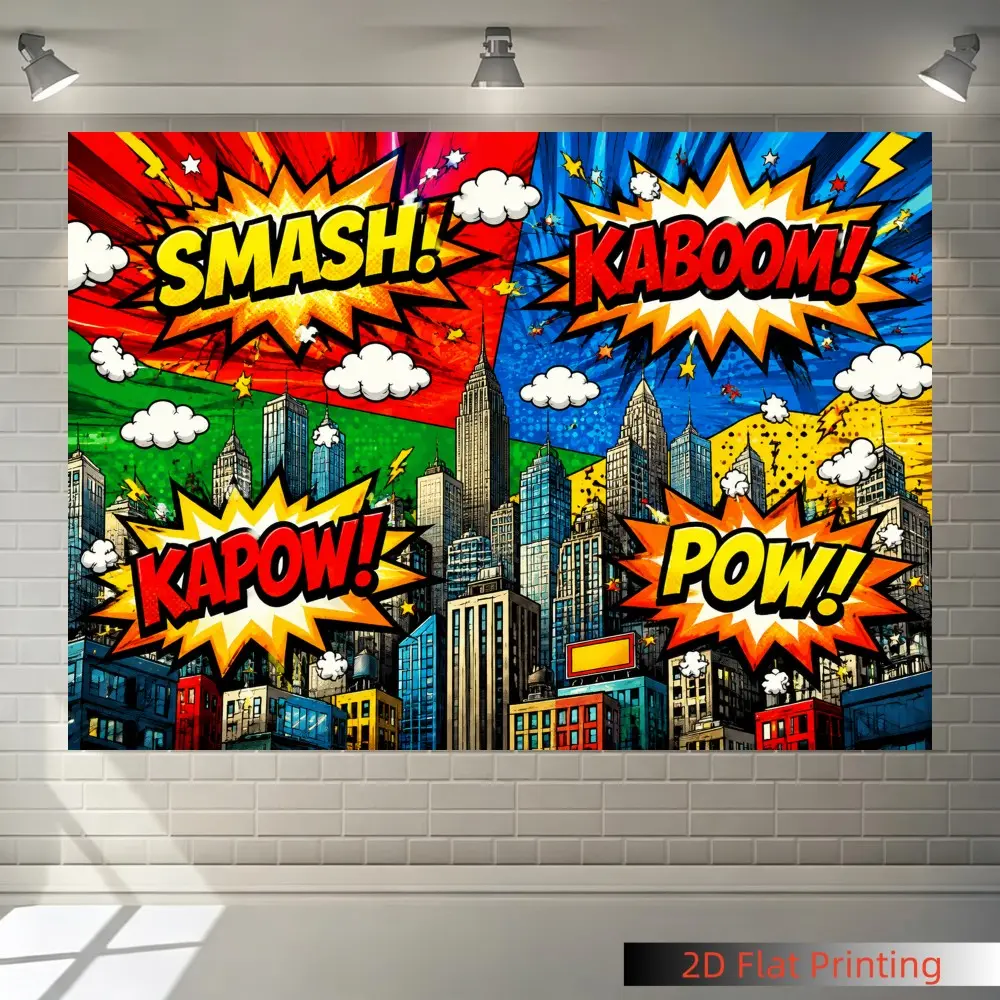 1PC 2D Flat Superhero Comic City Backdrop, American Pop Art Explosion Bubble Text Kids Party Photo Decor, for Bedroom, Art Wall, Home Decor Banner, Garden Outdoor, Polyester, Indoor and Outdoor